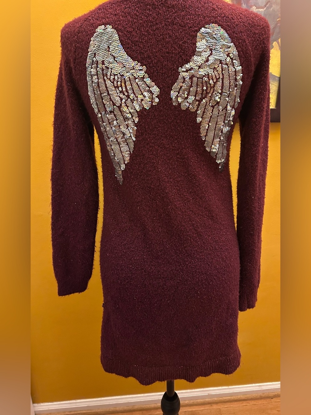 Women’s Purple Glitter Thread Sequin Angel Wing Back Sweater Dress Size 14
